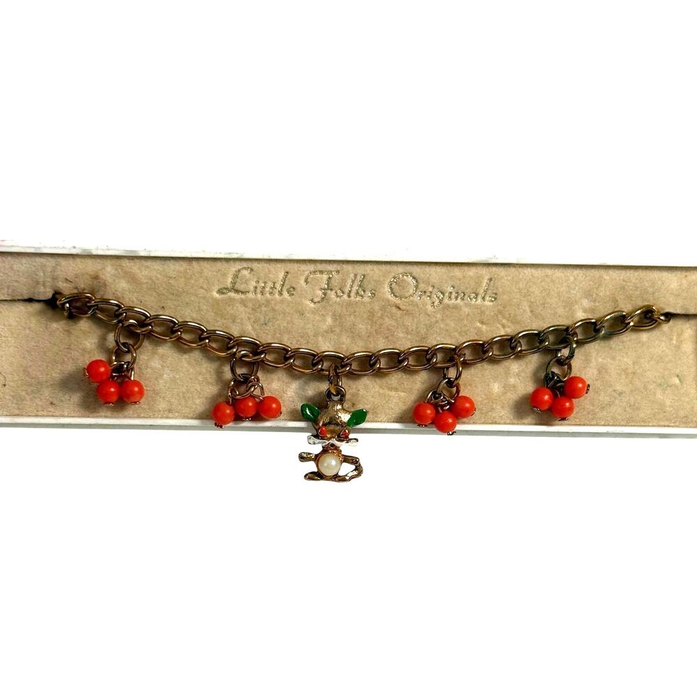 Vintage 1960s Little Folks Originals Child Orange Charm Bracelet Gold Tone Never